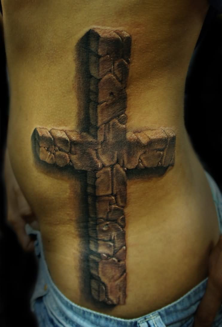 Amazing 3D Cross Tattoo On Side Rib