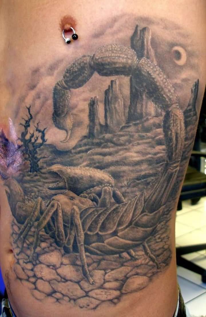 Amazing Black And Grey 3D Scorpion Tattoo On Man Side Rib