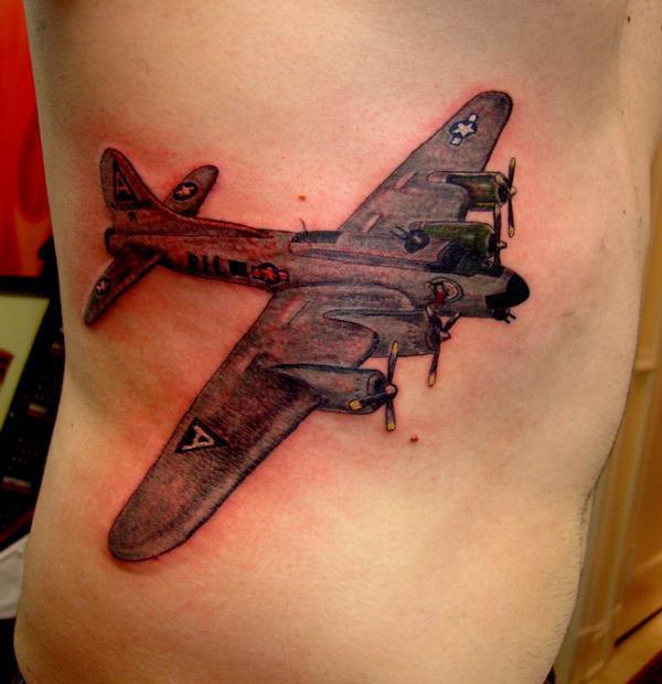 Amazing Black And Grey Airplane Tattoo On Man Side Rib