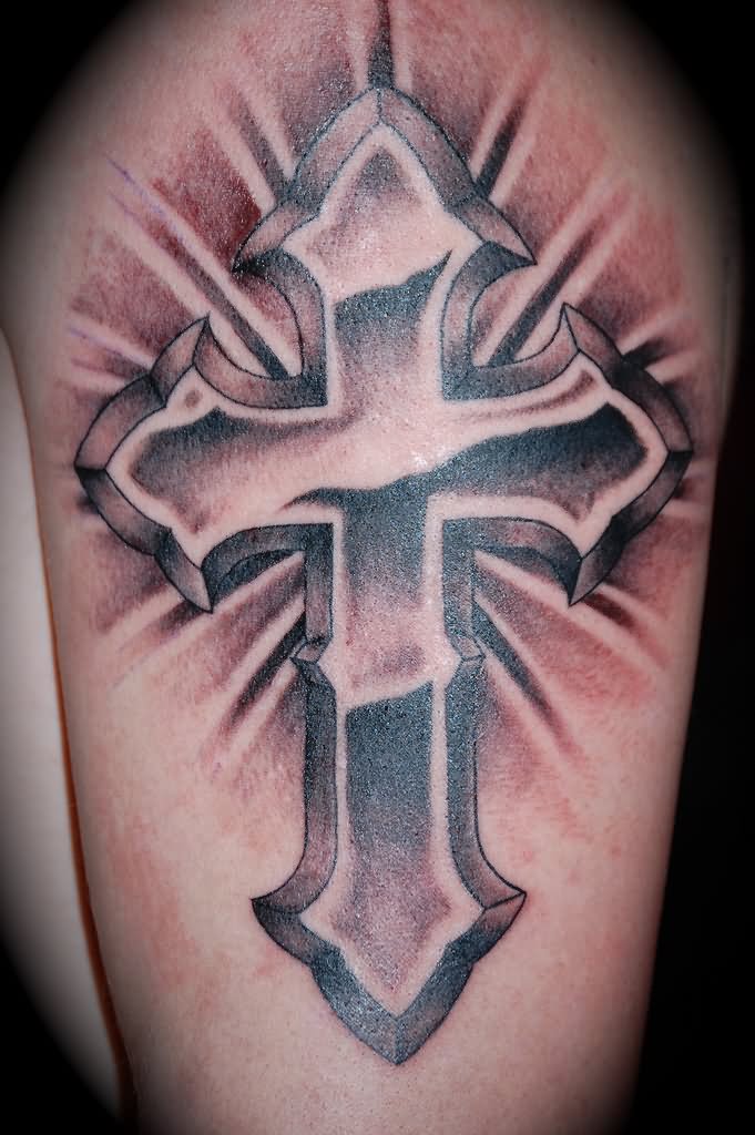 Amazing Black Ink 3D Cross Tattoo Design