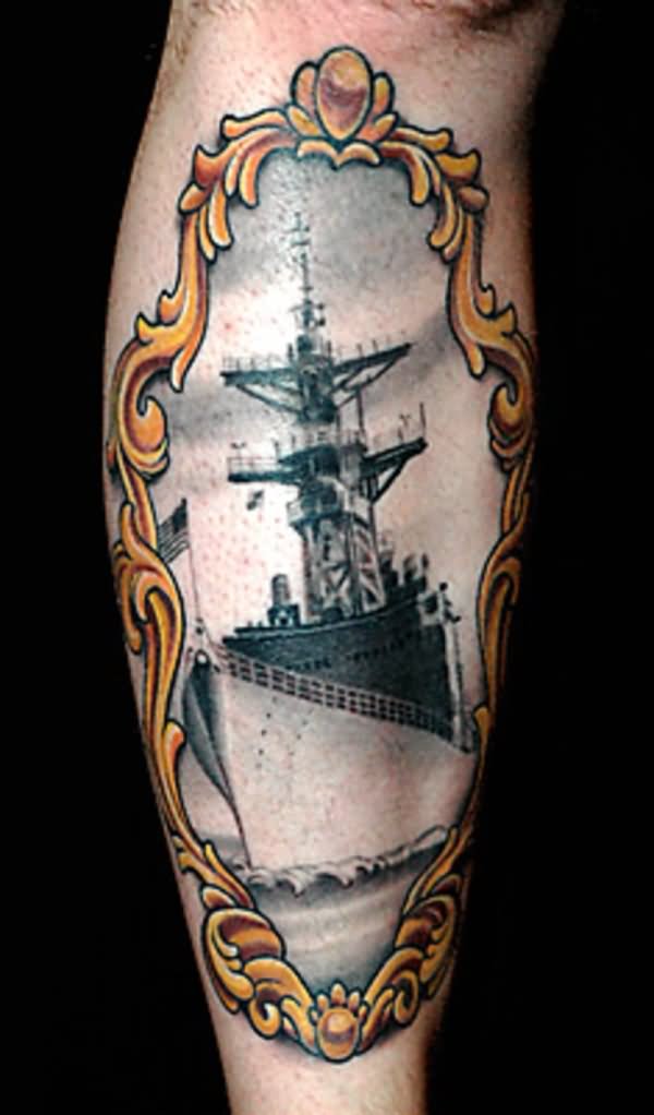 Amazing Ship In Frame Tattoo Design For Leg