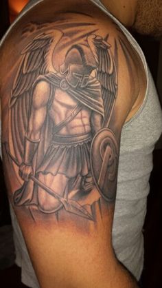 Angel Wings Spartan Tattoo On Man Right Half Sleeve