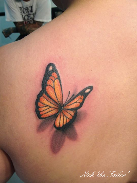 Attractive 3D Butterfly Tattoo On Left Back Shoulder