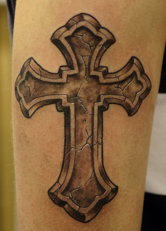 Attractive Black And Grey 3D Cross Tattoo Design For Arm