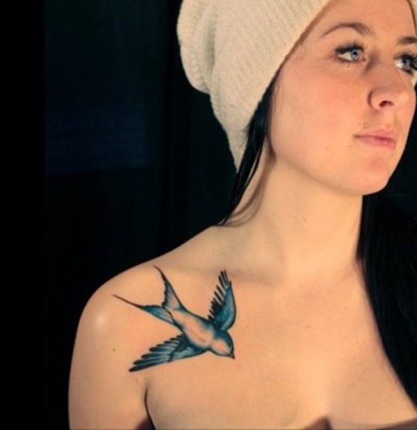 Attractive Blue Flying Birds  Tattoo On Girl Right Front Shoulder