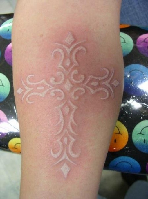 Attractive White Ink 3D Cross Tattoo Design For Forearm