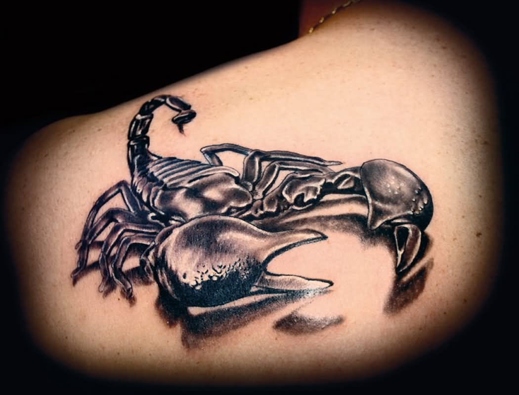 Awesome Black And Grey 3D Scorpion Tattoo On Left Back Shoulder