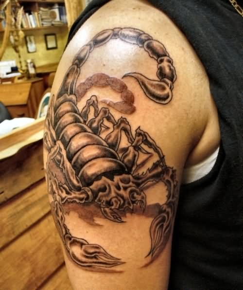 Awesome Black Ink 3D Scorpion Tattoo On Right Shoulder