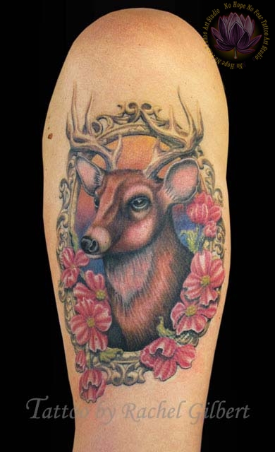 Awesome Deer Head In Frame Tattoo Design For Shoulder