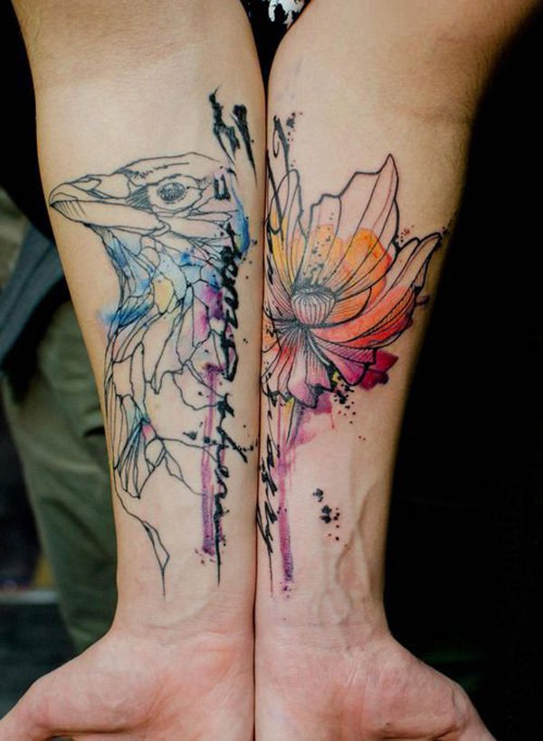Awesome Watercolor Bird And Flower Tattoos On Wrists