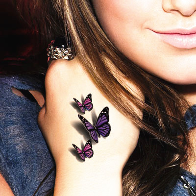 Beautiful 3D Three Butterfly Tattoo On Girl Hand
