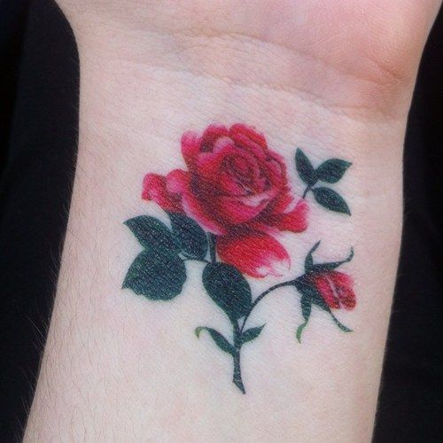 Beautiful Red Rose Flower Tattoo On Wrist