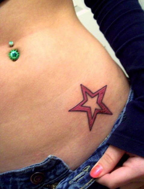 Beautiful Red Star Tattoo On Girl Waist