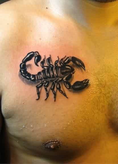 Best Black Ink 3D Scorpion Tattoo On Man Chest