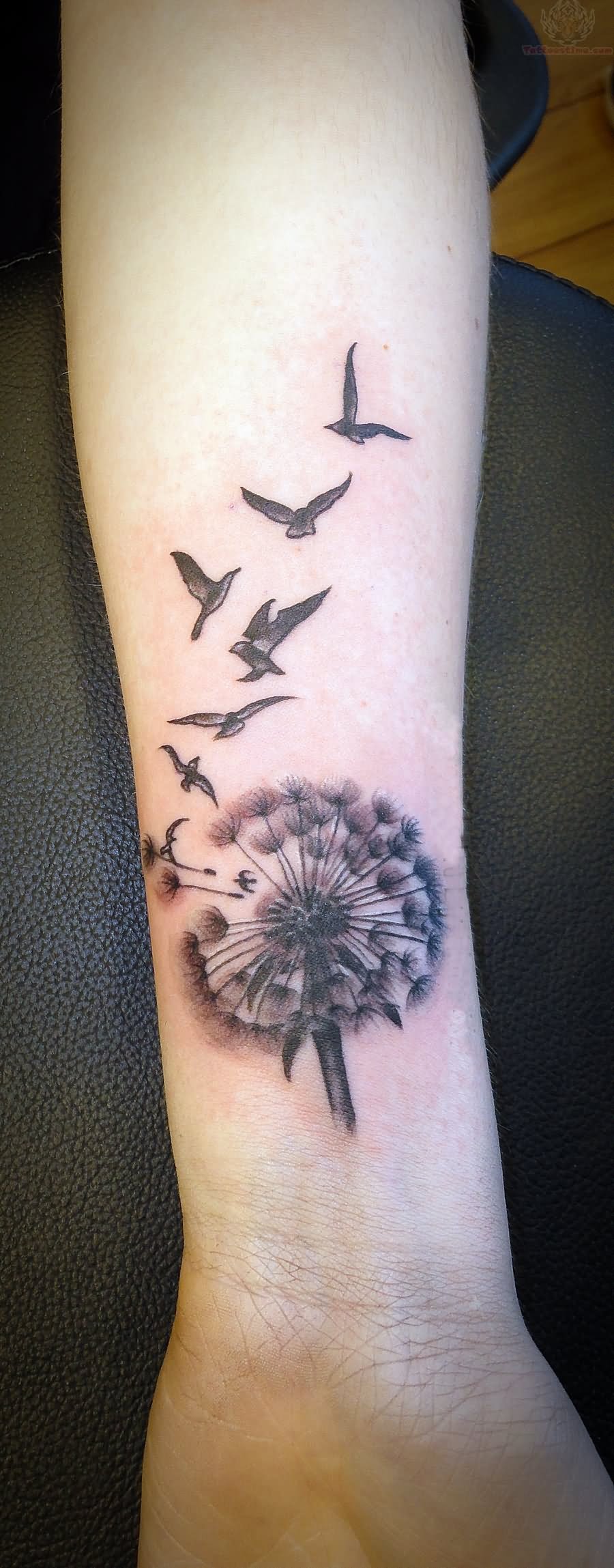Birds Flying From Dandelion Tattoo On Wrist