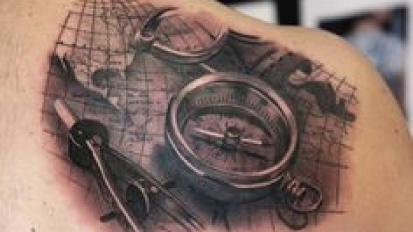 Black 3D Compass With Map Tattoo On Right Back Shoulder