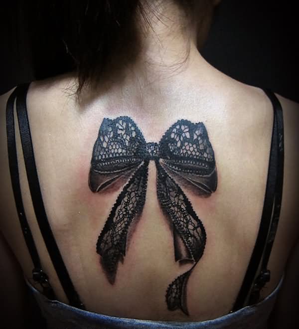 Black 3D Lace Bow Tattoo On Girl Upper Back