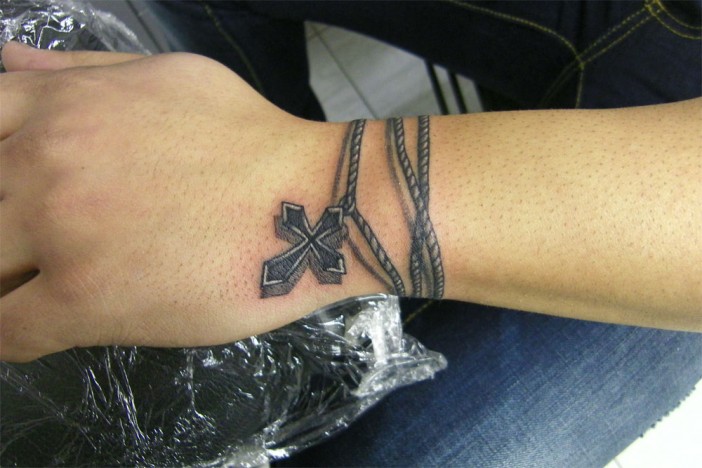 Black 3D Rosary Cross Tattoo On Wrist