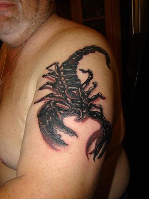Black 3D Scorpion Tattoo On Man Left Shoulder