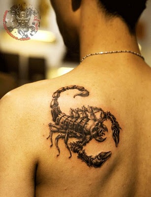 Black 3D Skull Head Scorpion Tattoo On Man Left Back Shoulder