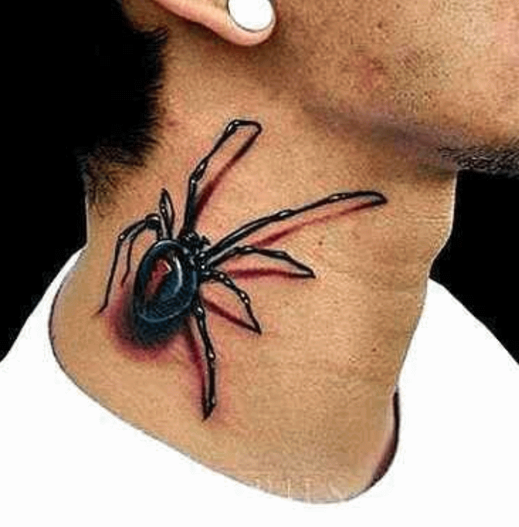 Black 3D Spider Tattoo On Man Side Neck