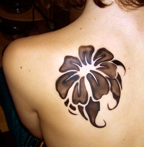 Black Airbrush Flower Tattoo On Left Back Shoulder