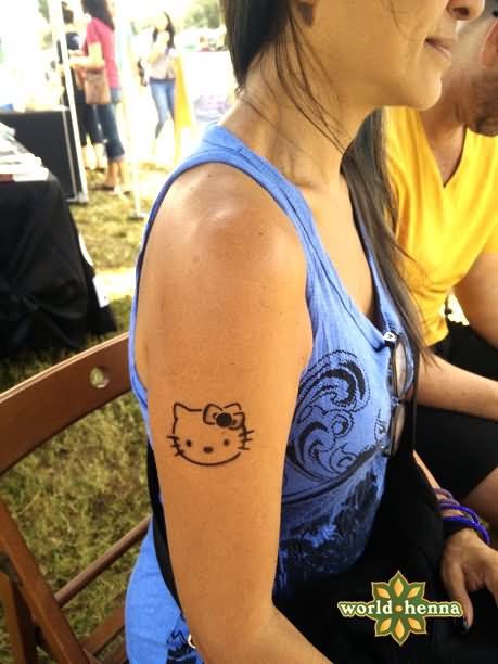 Black Airbrush Hello Kitty Face Tattoo On Girl Right Half Sleeve