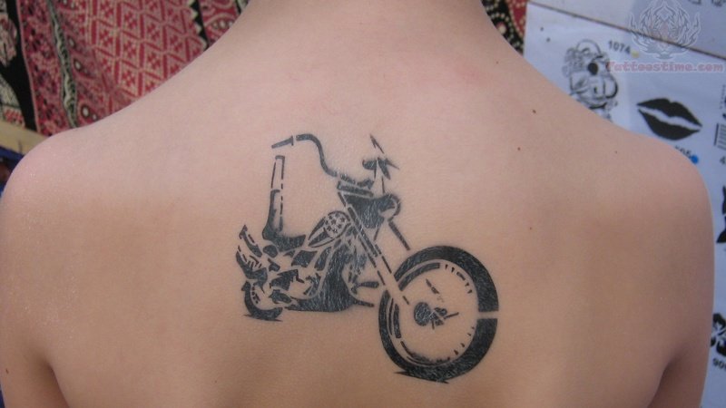 Black Airbrush Motocycle Tattoo On Man Upper Back
