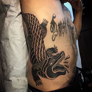 Black Alligator Tattoo On Man Side Rib