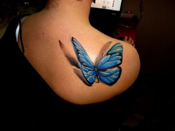 Black And Blue 3D Butterfly Tattoo On Right Back Shoulder