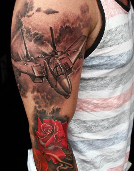 Black And Grey 3D Airplane Tattoo On Left Half Sleeve
