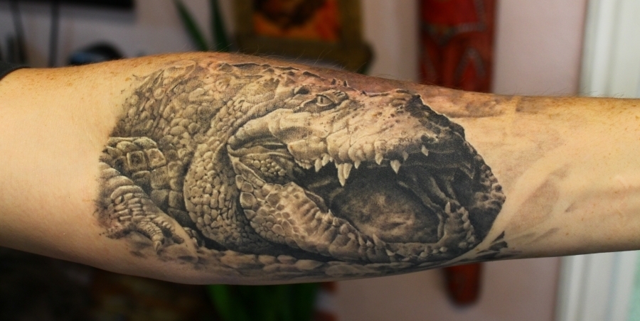Black And Grey 3D Alligator Head Tattoo On Forearm