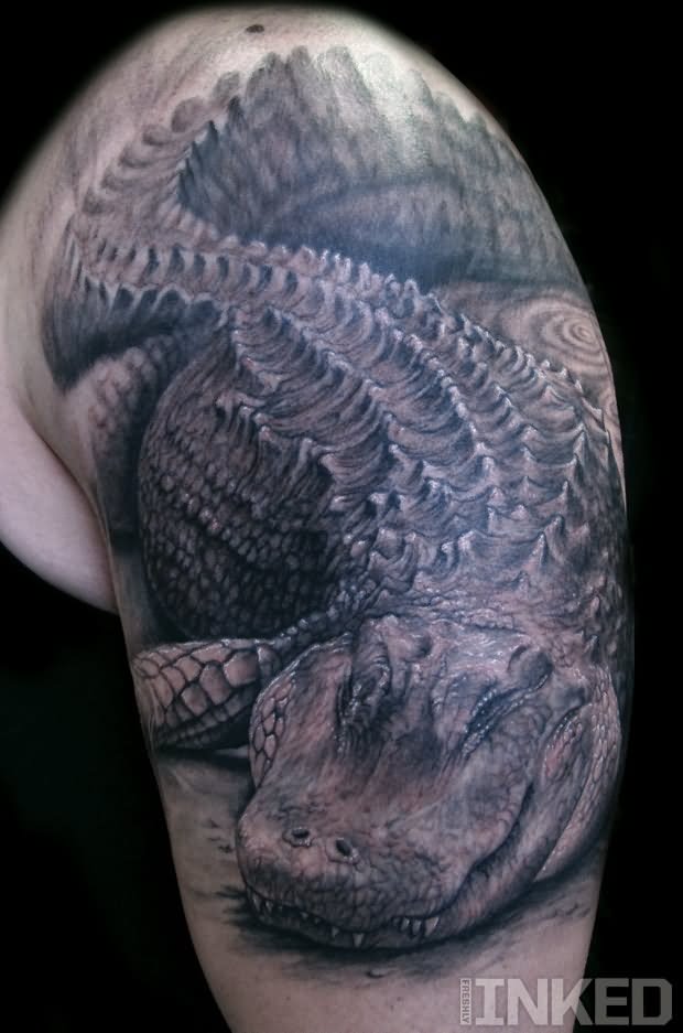 Black And Grey 3D Alligator Tattoo On Left Half Sleeve