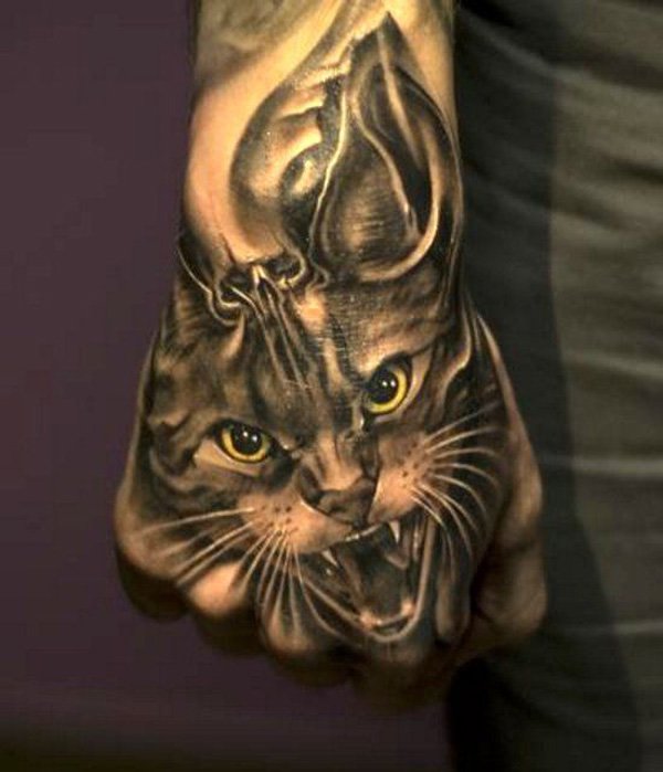 Black And Grey 3D Cat Head Tattoo On Hand