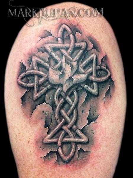 Black And Grey 3D Celtic Cross Tattoo Design For Shoulder