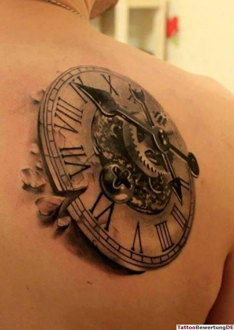 Black And Grey 3D Clock Tattoo On Right Back Shoulder