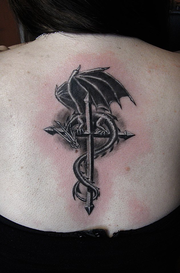 Black And Grey 3D Cross With Dragon Tattoo On Upper Back
