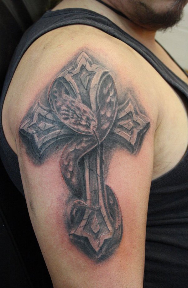 Black And Grey 3D Cross With Snake Tattoo On Man Right Shoulder