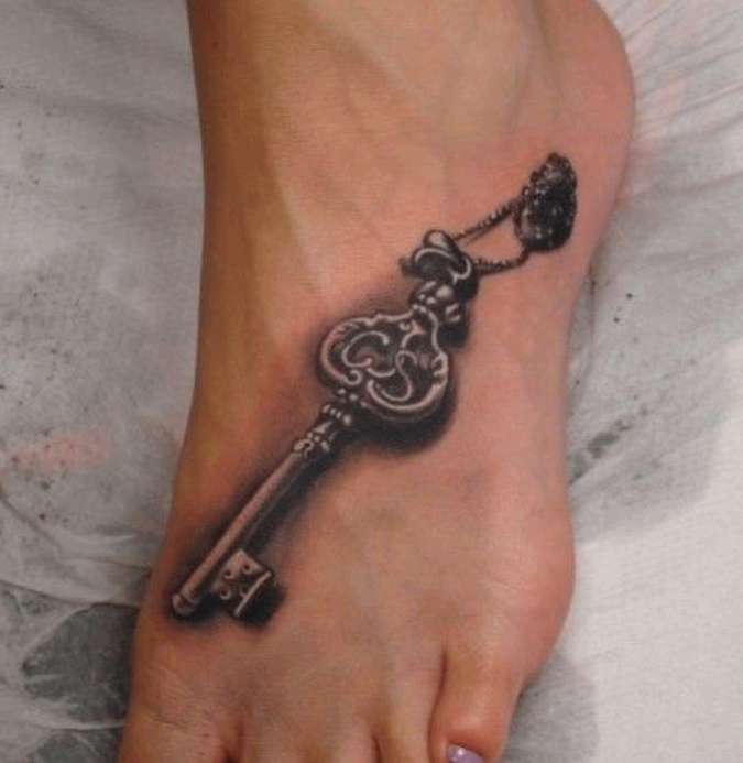Black And Grey 3D Key Tattoo On Girl Foot