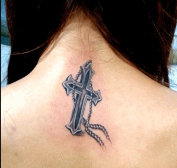 Black And Grey 3D Rosary Cross Tattoo On Upper Back