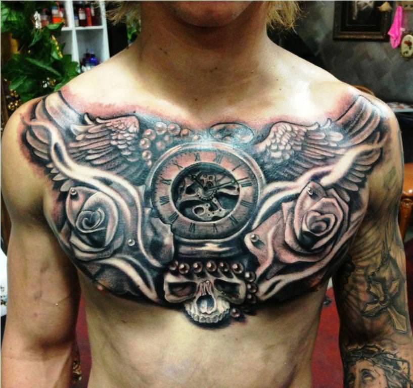 Black And Grey 3D Roses With Pocket Watch And Skull Tattoo On Man Chest