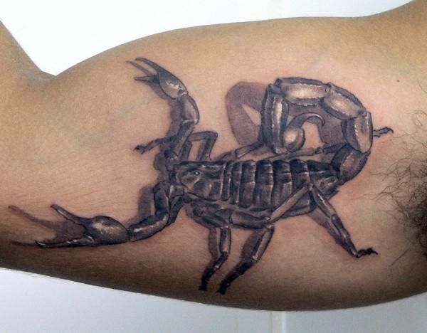 Black And Grey 3D Scorpion Tattoo On Bicep