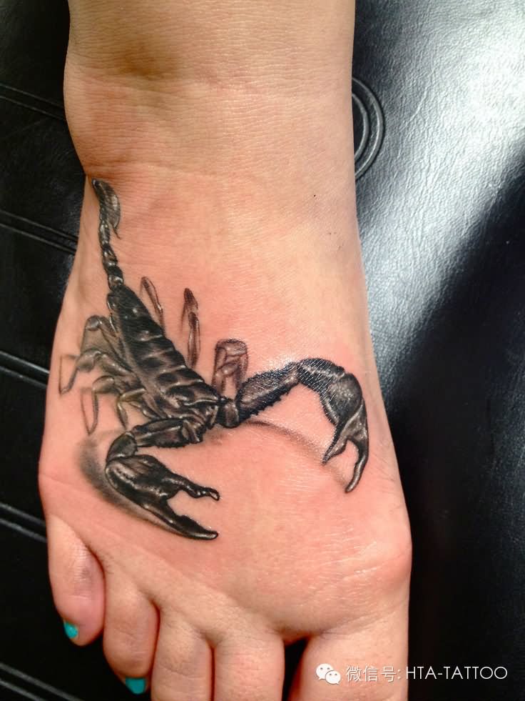 Black And Grey 3D Scorpion Tattoo On Girl Foot