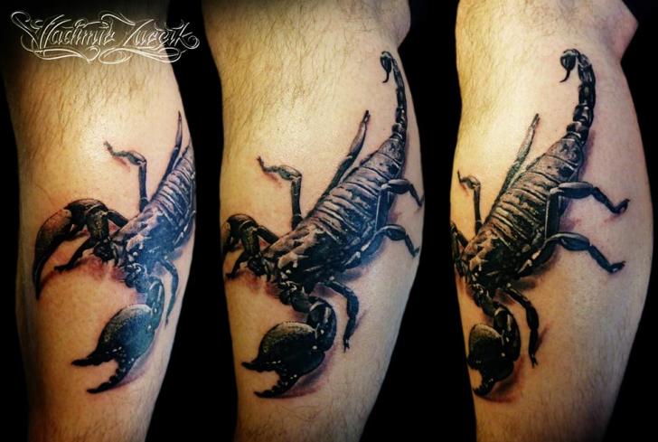 Black And Grey 3D Scorpion Tattoo On Leg Calf