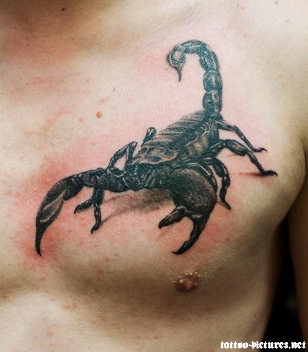 Black And Grey 3D Scorpion Tattoo On Man Chest
