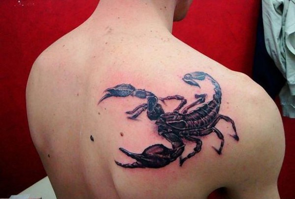 Black And Grey 3D Scorpion Tattoo On Man Right Back Shoulder