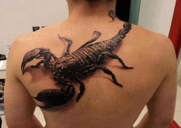 Black And Grey 3D Scorpion Tattoo On Man Upper Back