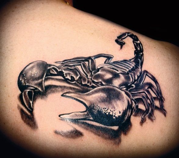 Black And Grey 3D Scorpion Tattoo On Right Back Shoulder