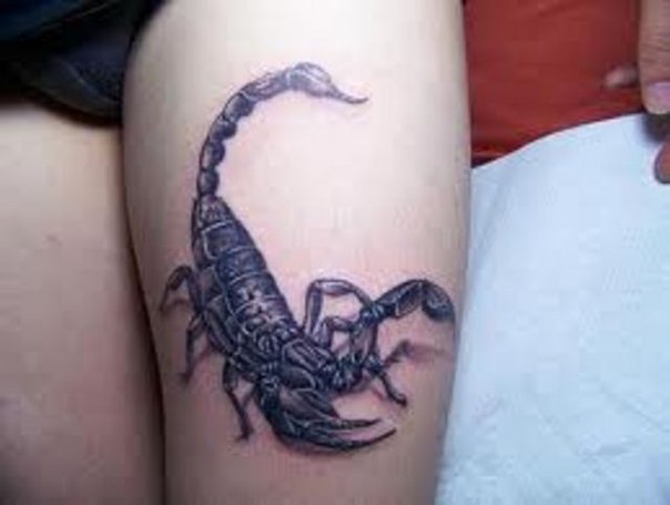 Black And Grey 3D Scorpion Tattoo On Thigh