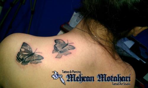 Black And Grey 3D Two Butterflies Tattoo On Left Back Shoulder